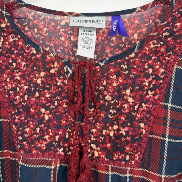 Catherines Top Women 3X Petite Red Plaid 3/4 Sleeve V-Neck Tasseled Bell Sleeves - Picture 5 of 12